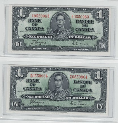 Canada 1937 $1 Bank of Canada Notes – Consecutive Serial Numbers – Uncirculated Pair (Osborne–Towers) Vintage Canada
