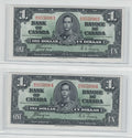 Canada 1937 $1 Bank of Canada Notes – Consecutive Serial Numbers – Uncirculated Pair (Osborne–Towers) Vintage Canada