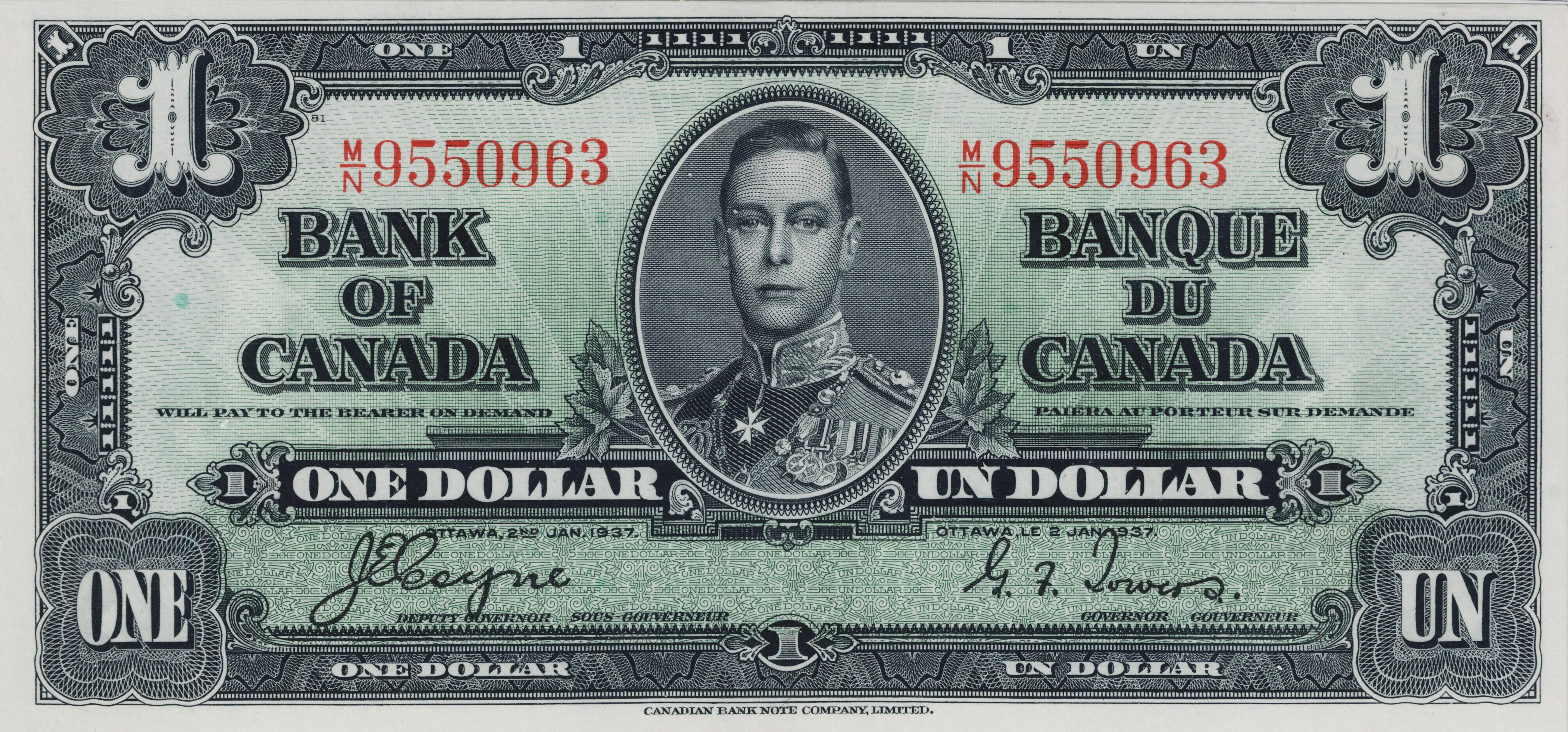 1937 $1 Bank of Canada Note – King George VI – Coyne Towers – Uncirculated – MN Prefix – Canadian Paper Money Vintage Canada