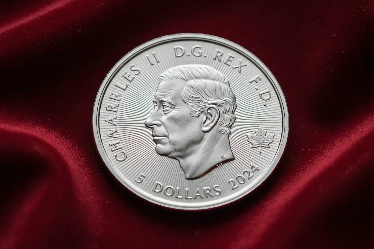 Canadian 1 oz Silver Maple Leaf Coin - Obverse with King Charles III on Red Velvet