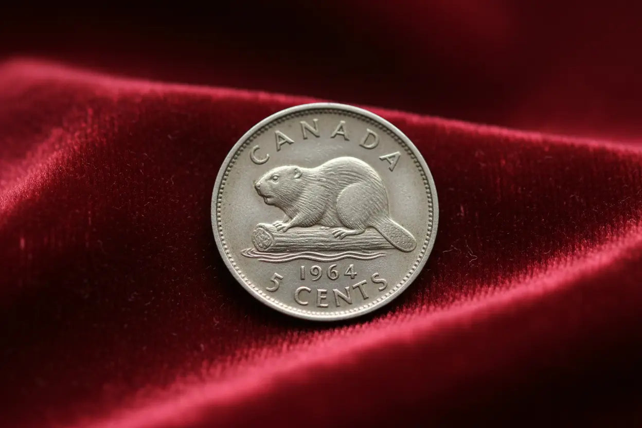 1964 Canadian Nickel - Reverse with Beaver on Red Velvet