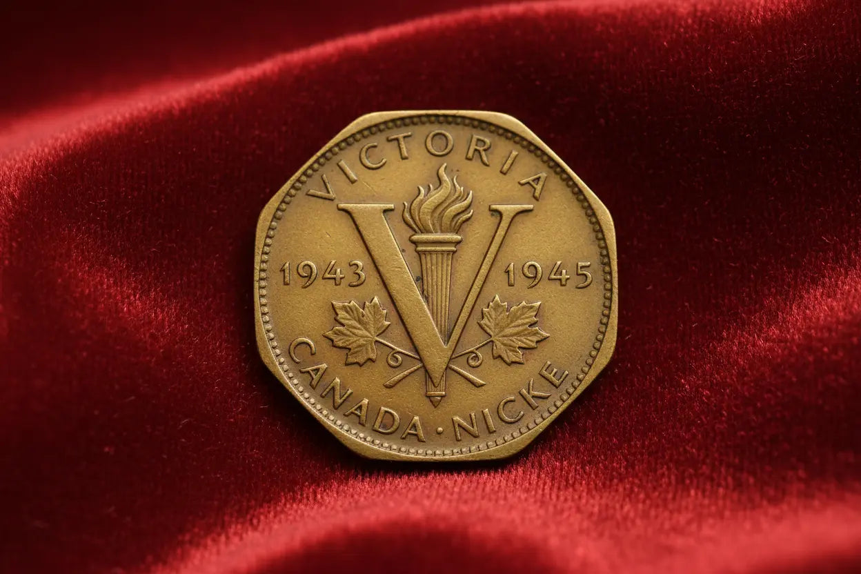 1943 Canadian Victory Nickel - Reverse with V for Victory on Red Velvet
